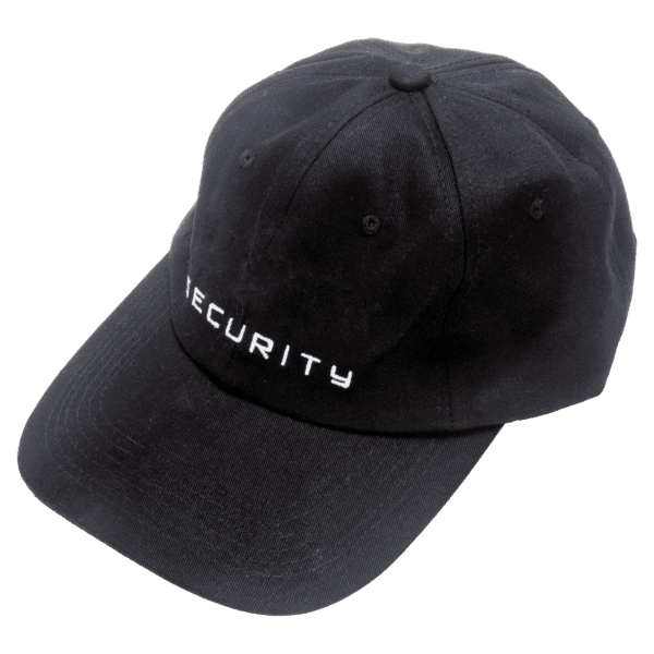 Black cap with security text on it