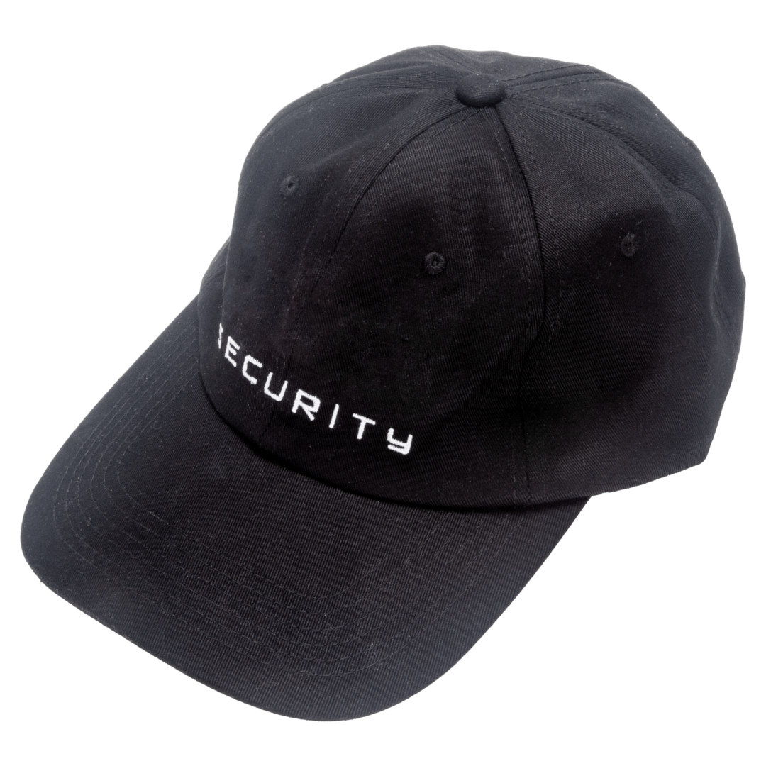 Black cap with security text on it
