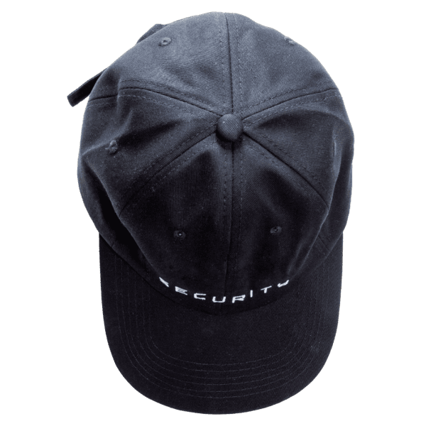 Black cap with security text on it