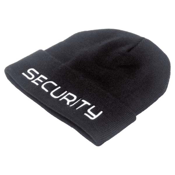 Black beanie with security text on it