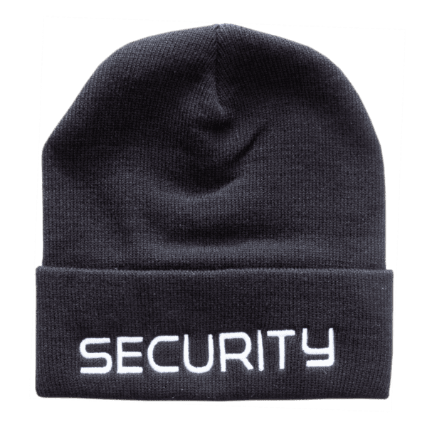 Black beanie cap with security text on it