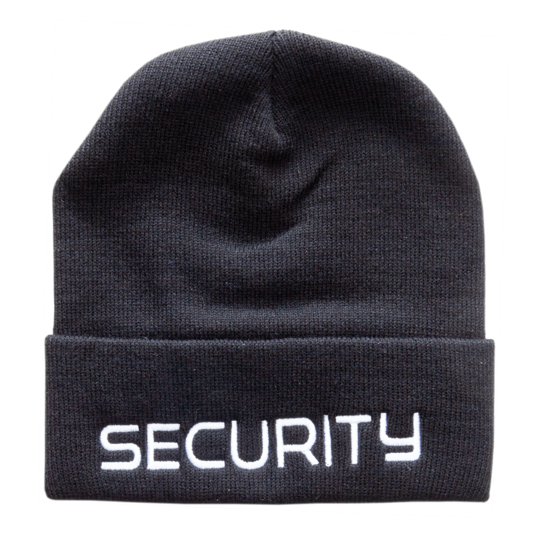 Black beanie cap with security text on it